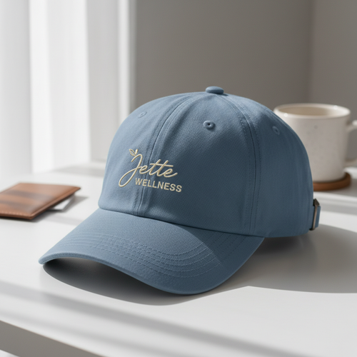 Jette Wellness Hat in dusty blue on white surface